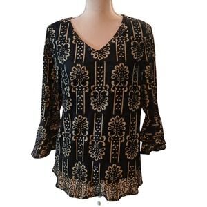 Caleesa Black Tan Dark Floral Eyelet V-Neck Bell Sleeve Blouse Top Women Size L